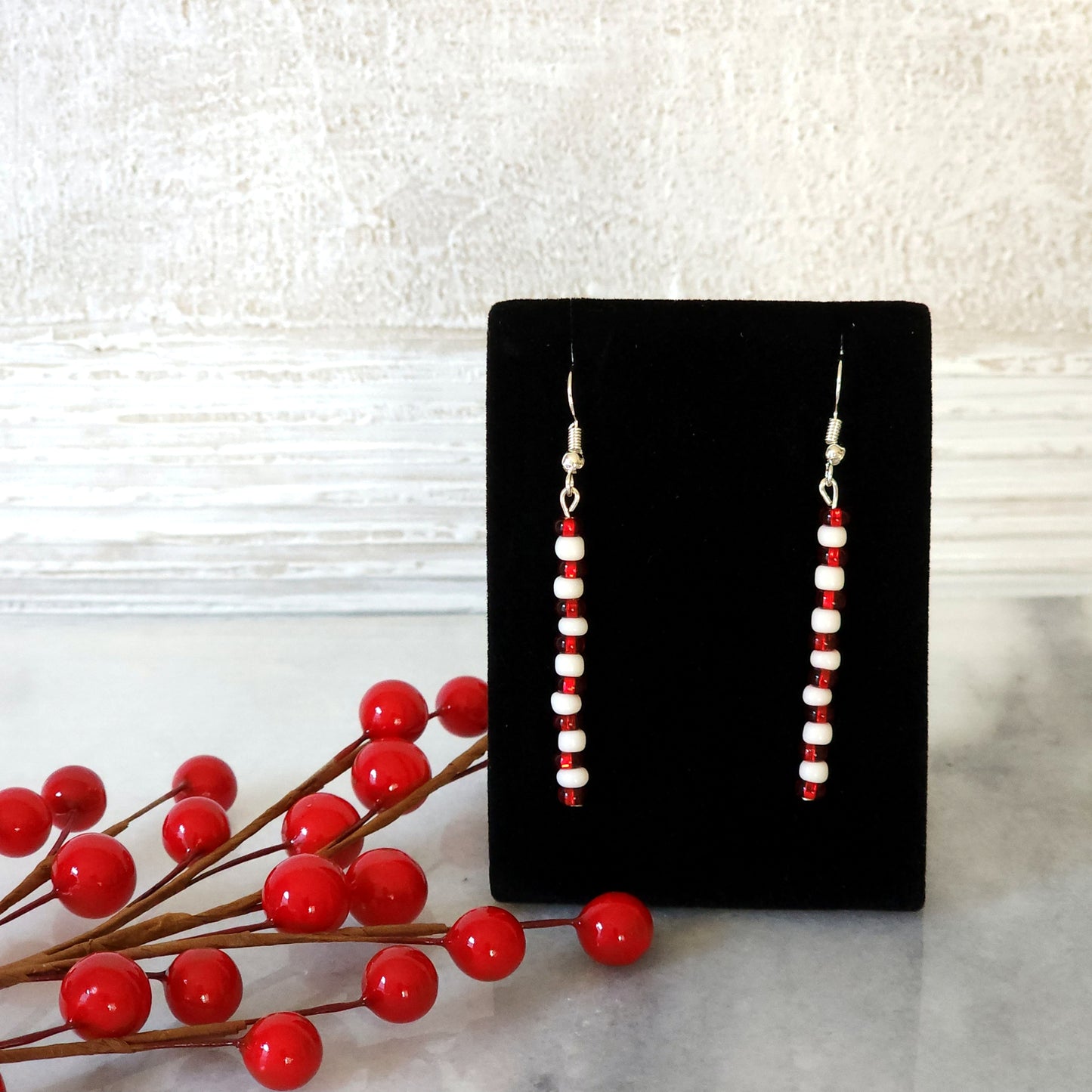 Red and White Beaded Matchstick Drop Earrings