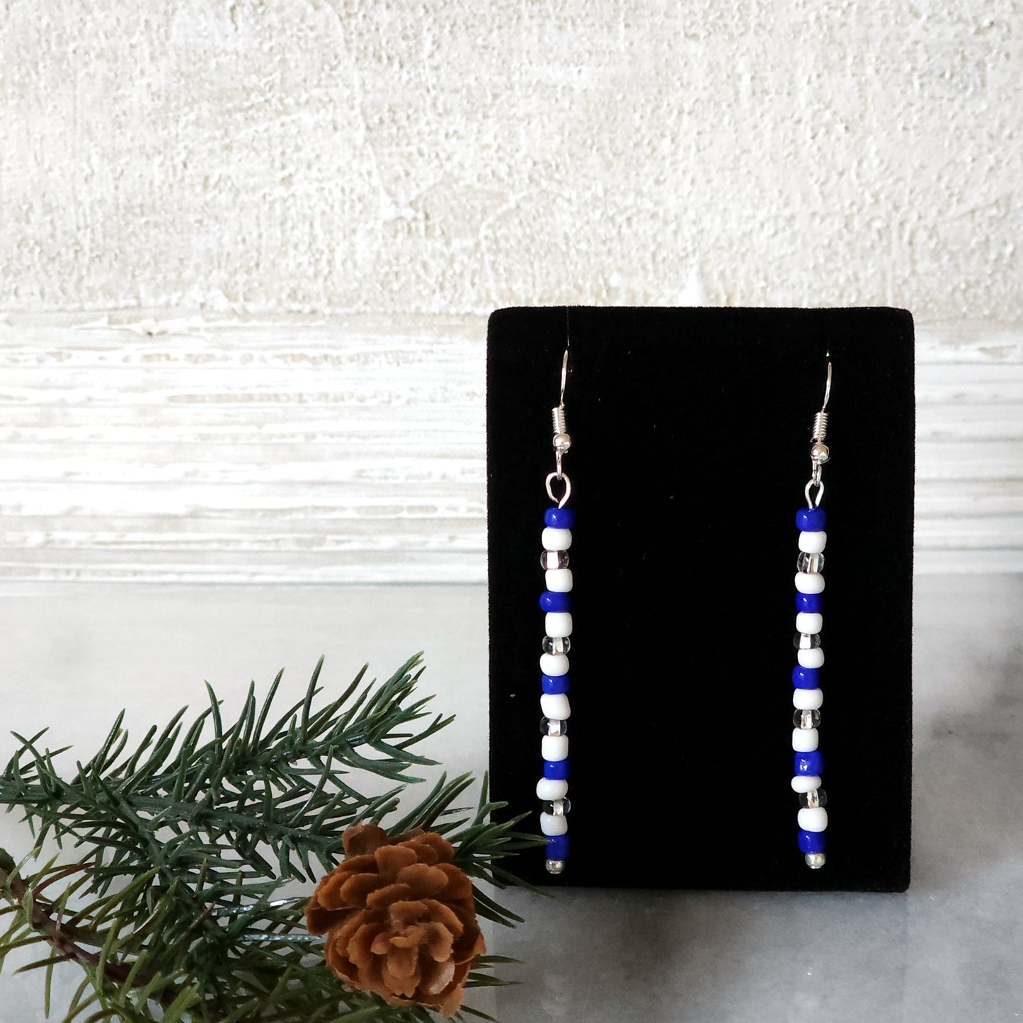 Blue and White Beaded Matchstick Drop Earrings