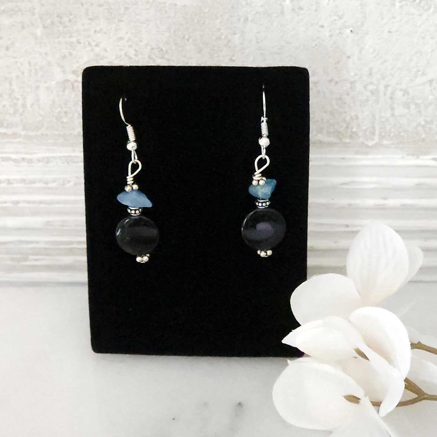 Blue and Black Gemstone Earrings