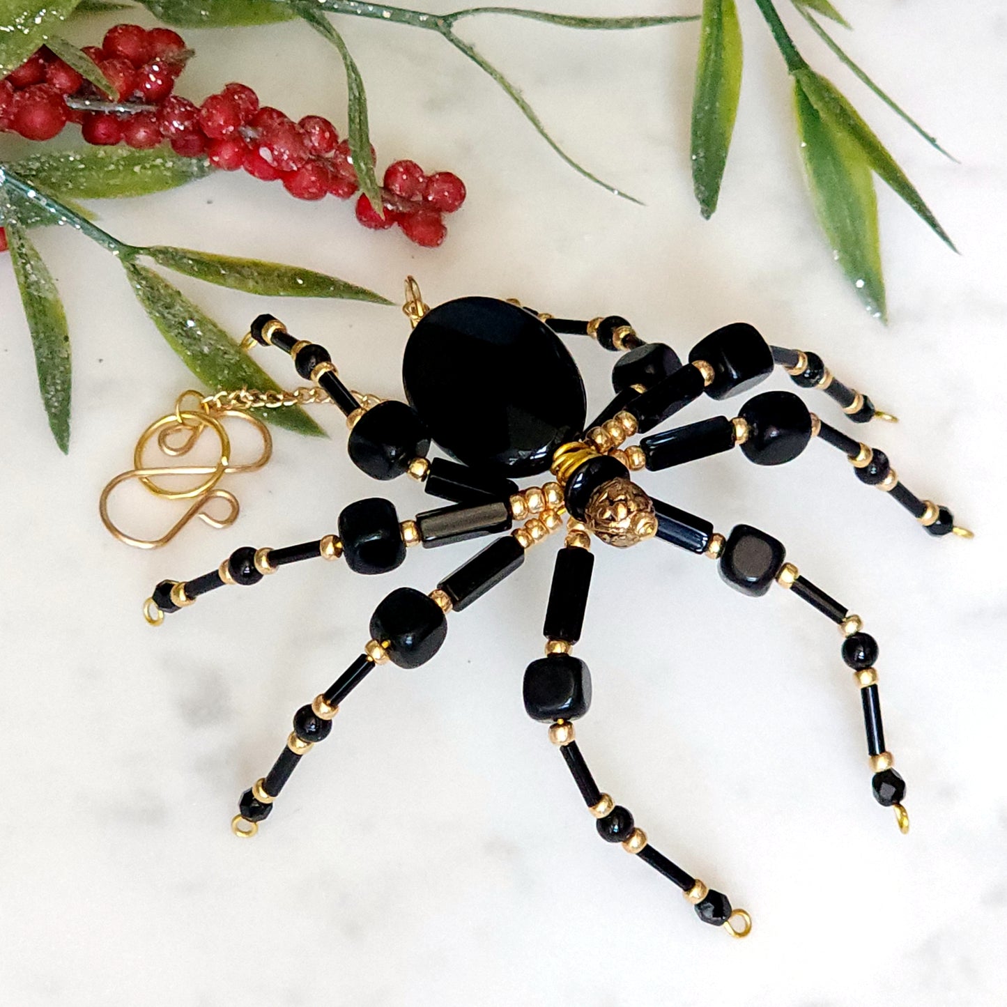 Christmas Spider Ornament - Black & Gold Beaded