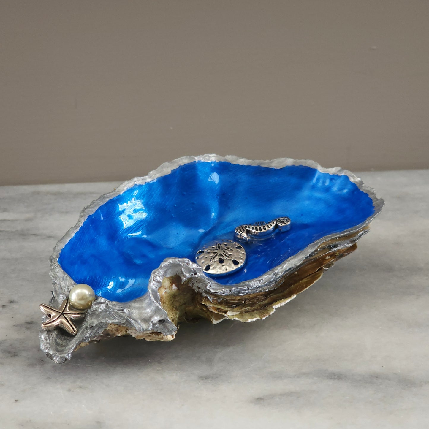 Ocean Blue Oyster Shell Trinket Dish with Coastal Charms