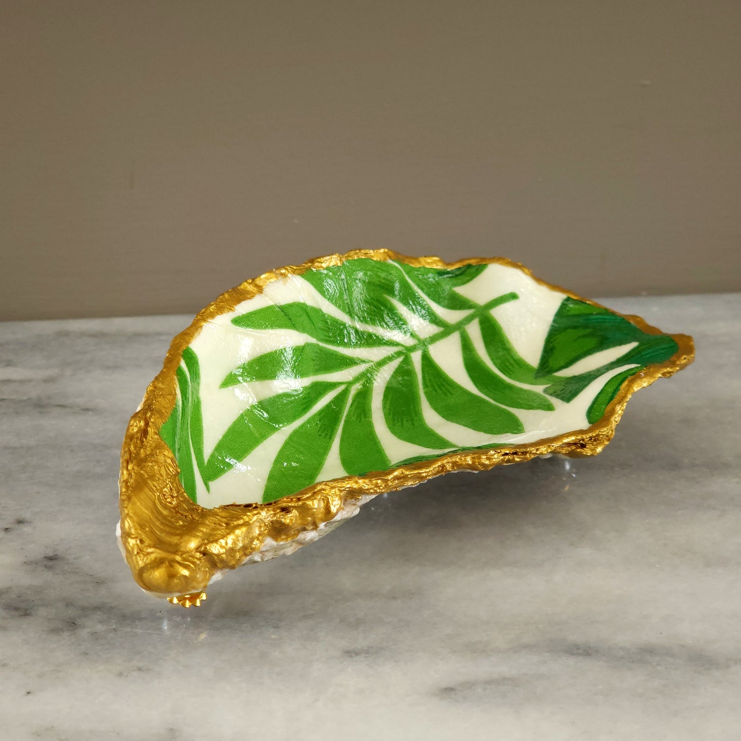 Oyster Shell Trinket Dish - Tropical Palm Leaf with Gold Edge & Pearl Feet