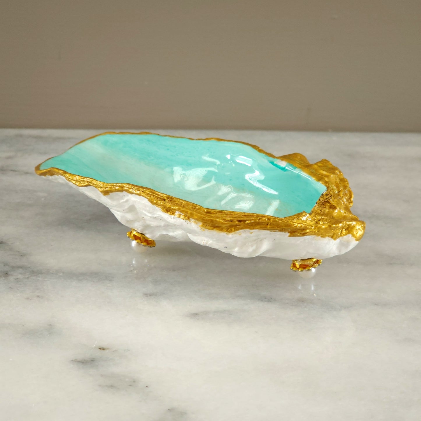 Oyster Shell Trinket Dish - Mint Green with Gold Edge & Pearl Feet
