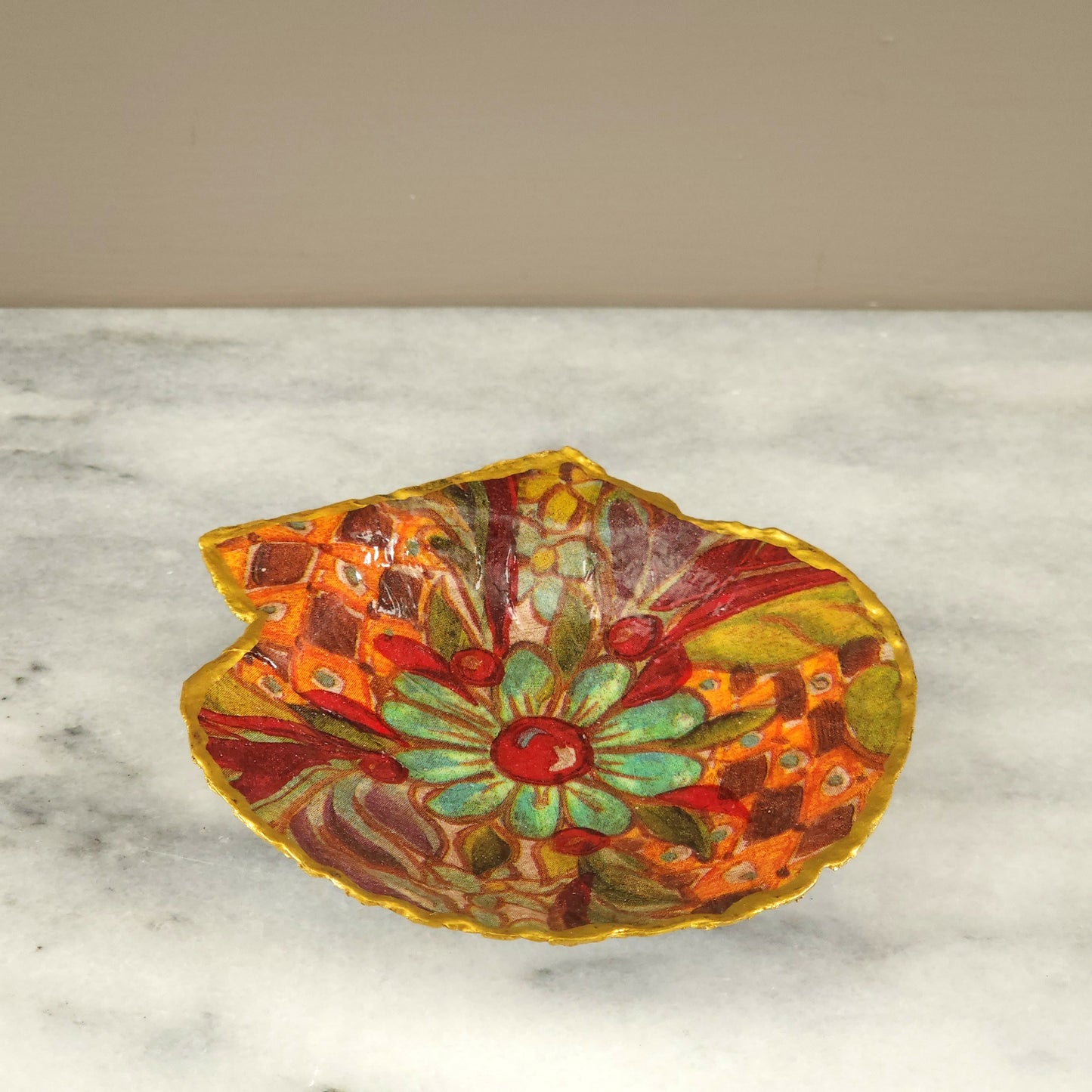 Scallop Shell Trinket Dish - Boho Floral Mosaic with Gold Edge & Pearl Feet