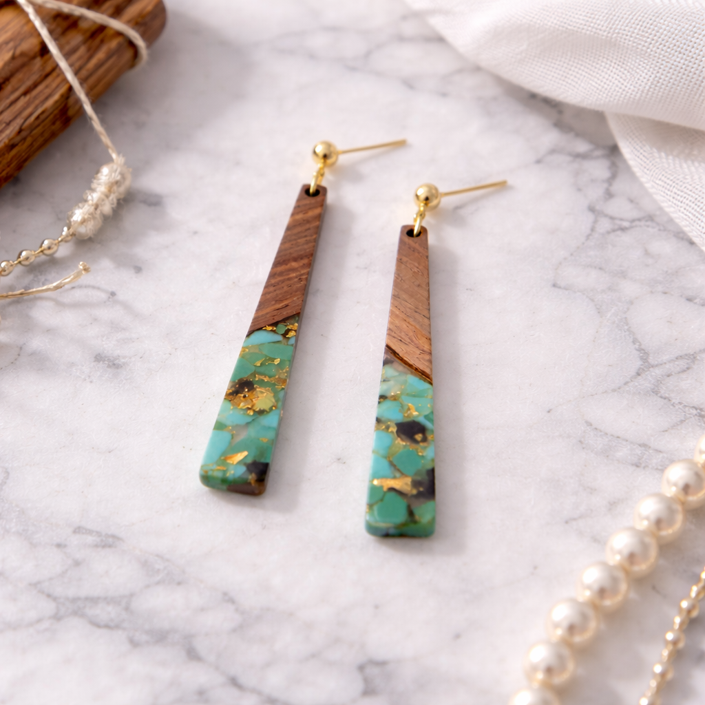 Turquoise & Gold Flake Wood Resin Long Tapered Drop Earrings with Gold Ball Studs