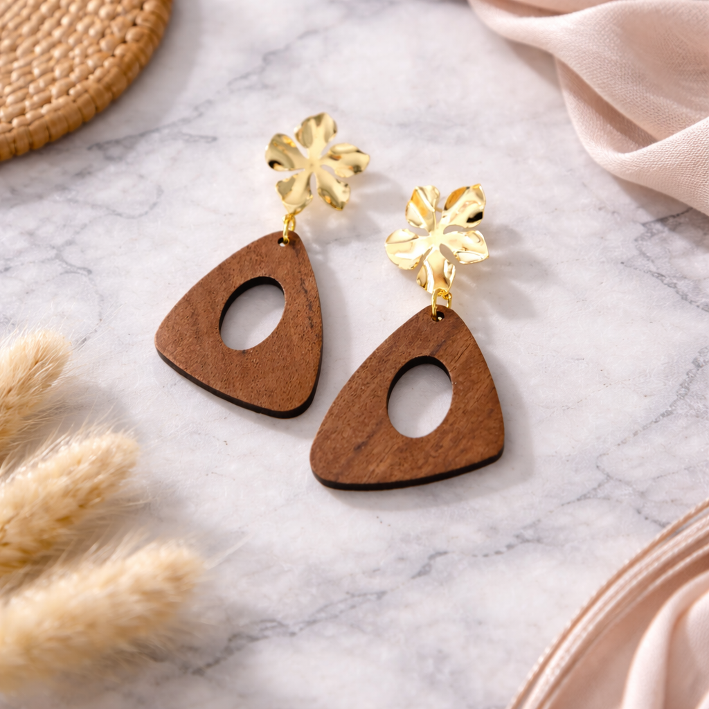 Natural Wood Open Triangle Drop Earrings with Gold Flower Studs
