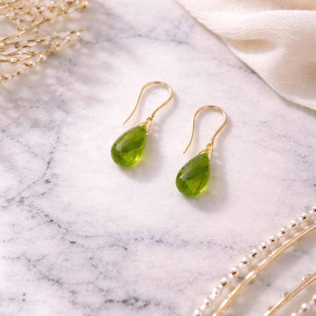 Peridot Green Faceted Crystal Teardrop Earrings with Gold Wire Hooks
