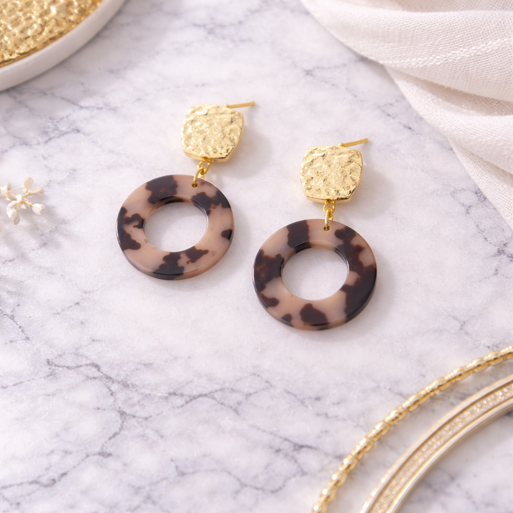 Tortoiseshell Resin Disc & Hammered Gold Drop Earrings with Ball Studs