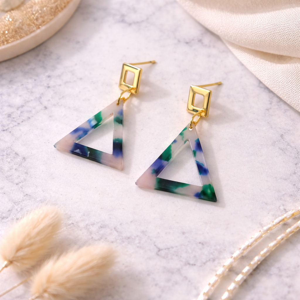 Blue Marble Resin Open Triangle Drop Earrings with Gold Diamond Studs
