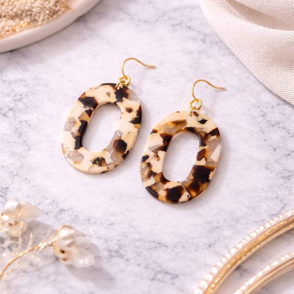 Tortoiseshell Resin Open Oval Drop Earrings with Gold Studs