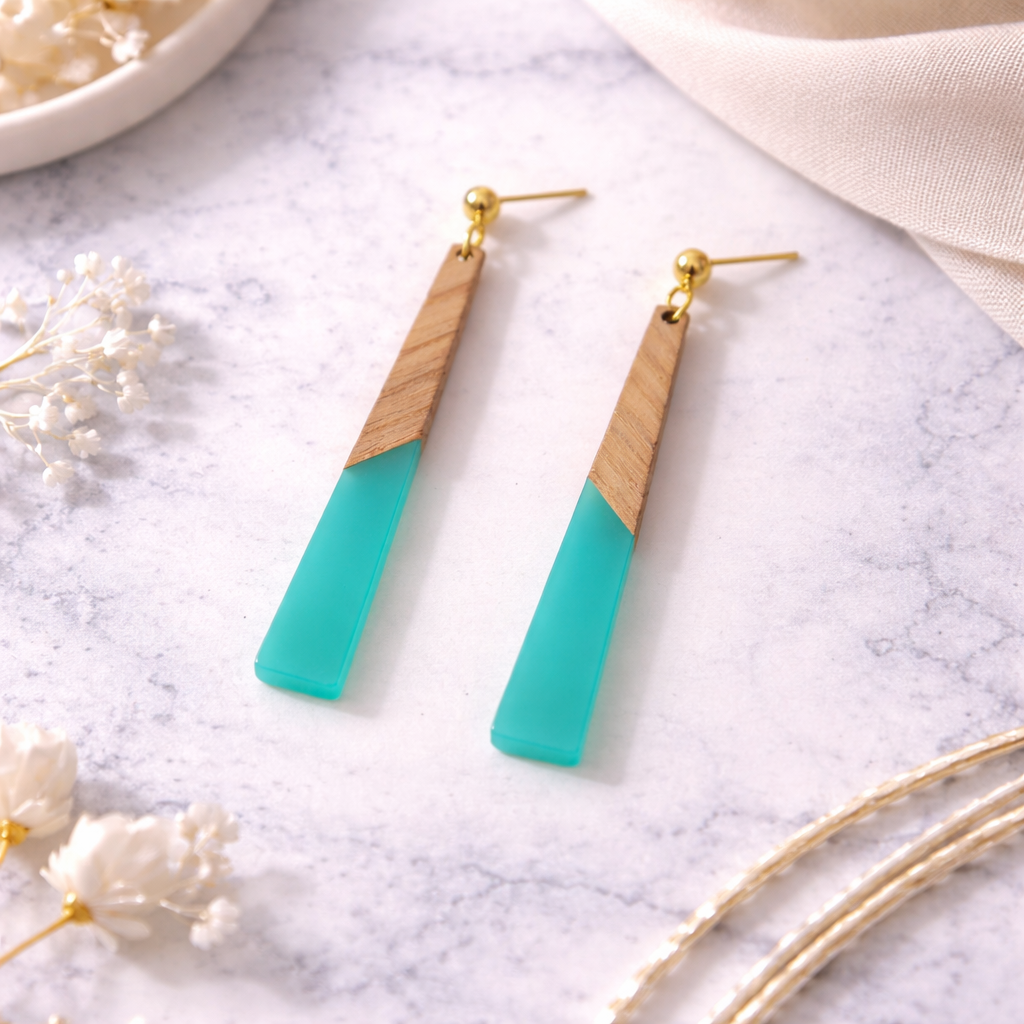 Teal & Wood Long Tapered Drop Earrings with Gold Ball Studs