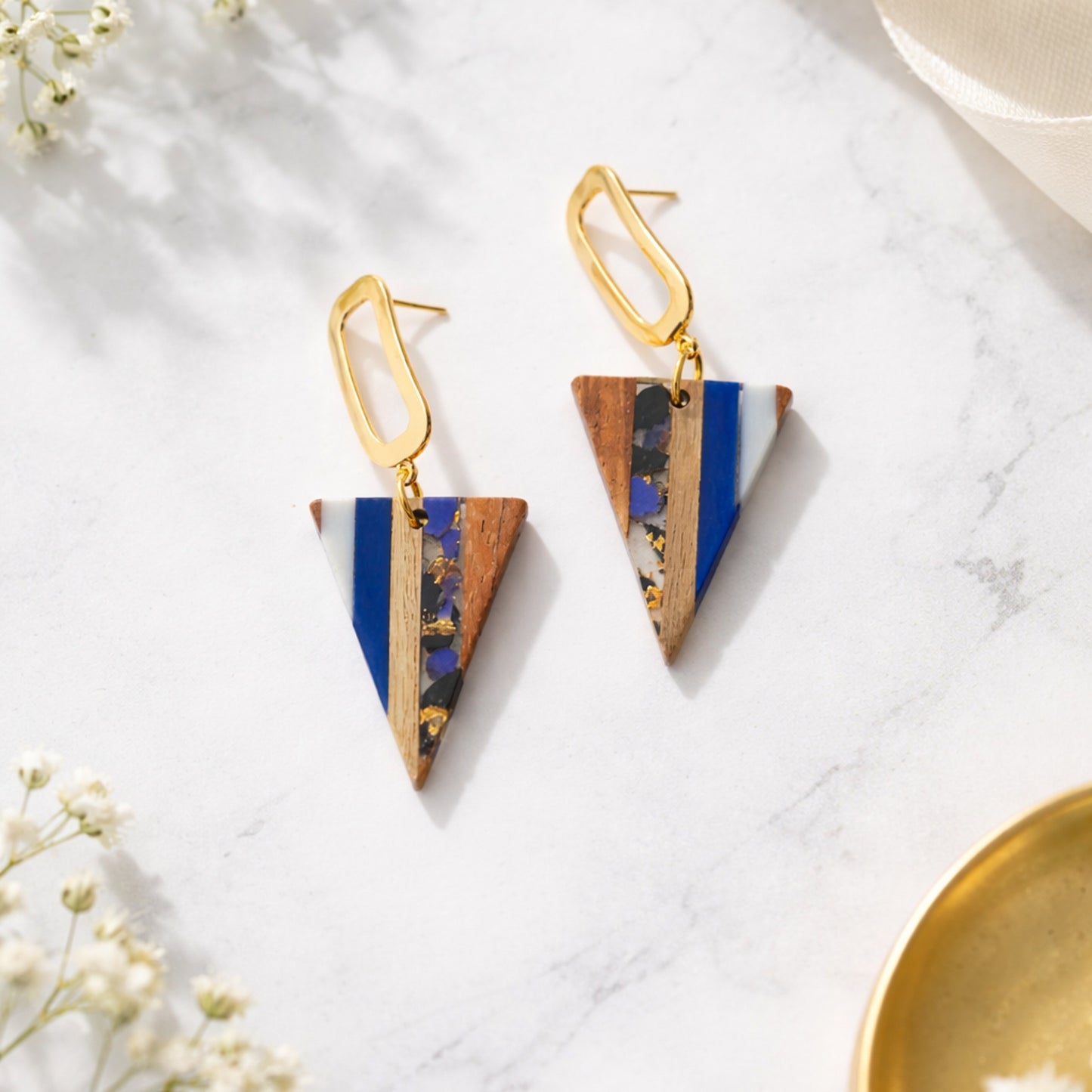 Blue & Wood Resin Triangle Drop Earrings with Gold Rectangle Studs