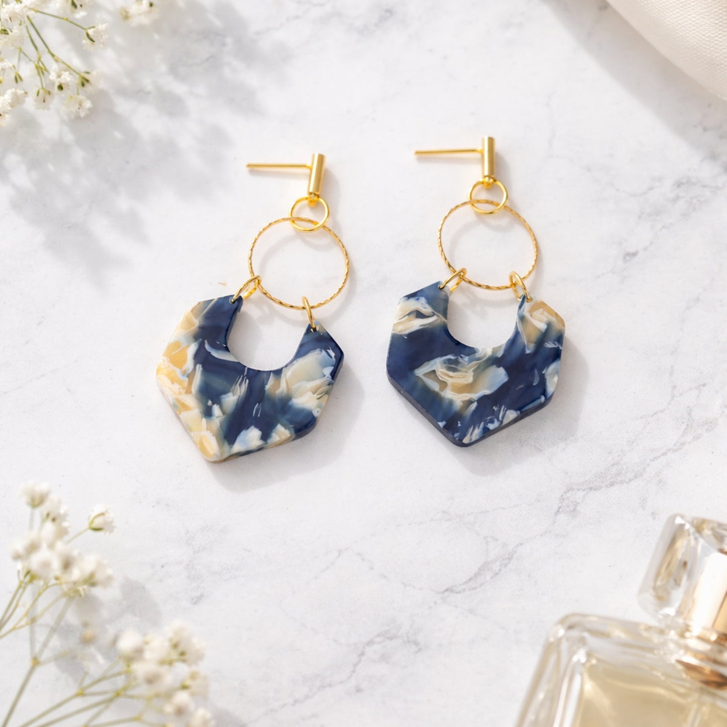 Navy & Cream Resin Diamond Drop Earrings with Gold Hoop & Bar Studs