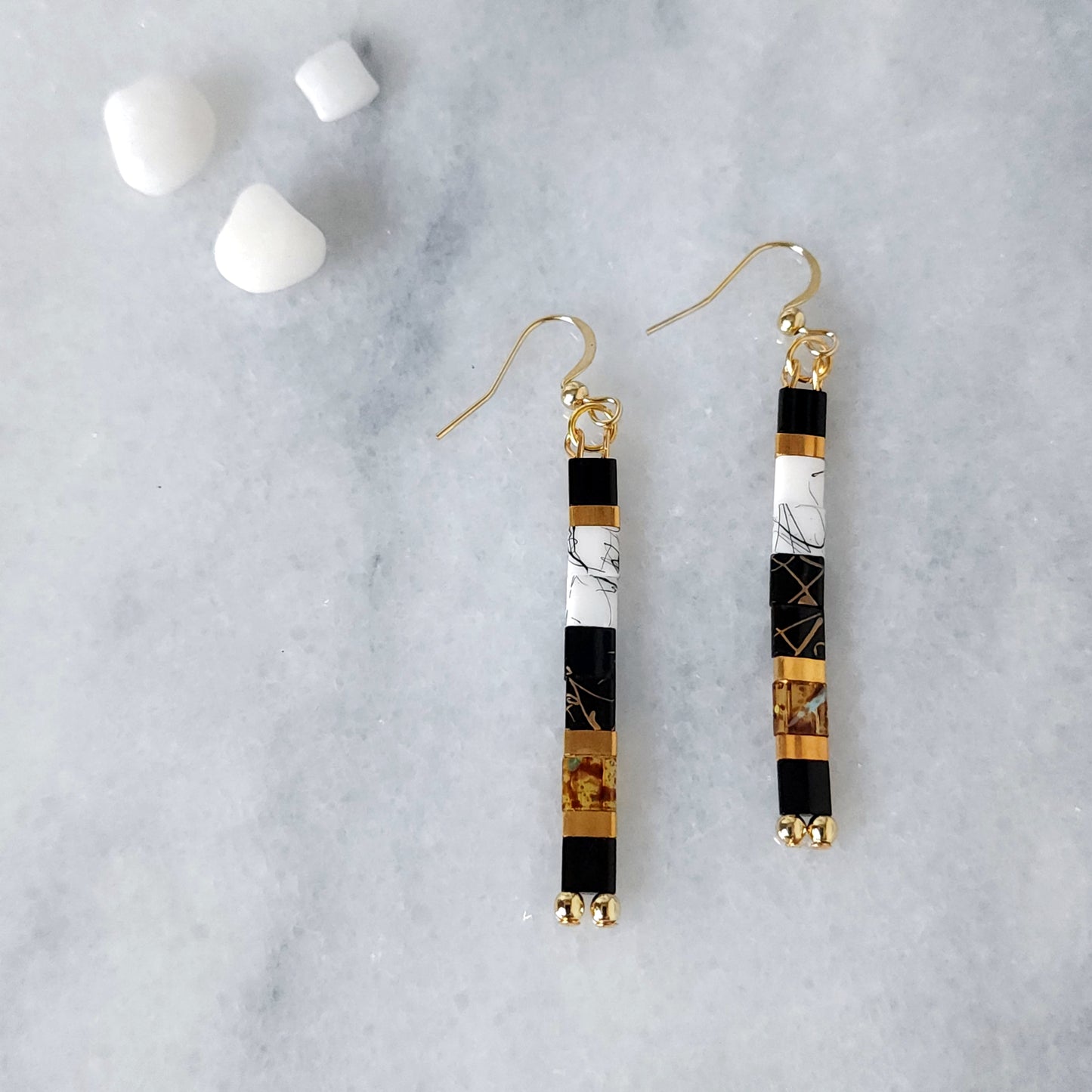 Black, White & Gold Japanese Glass Bead Earrings