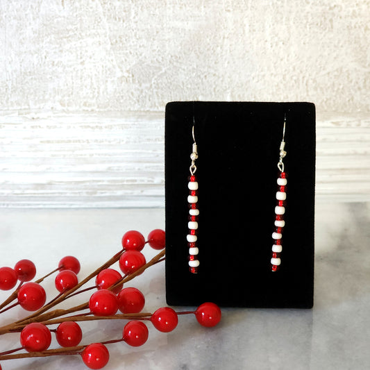 Red and White Beaded Matchstick Drop Earrings