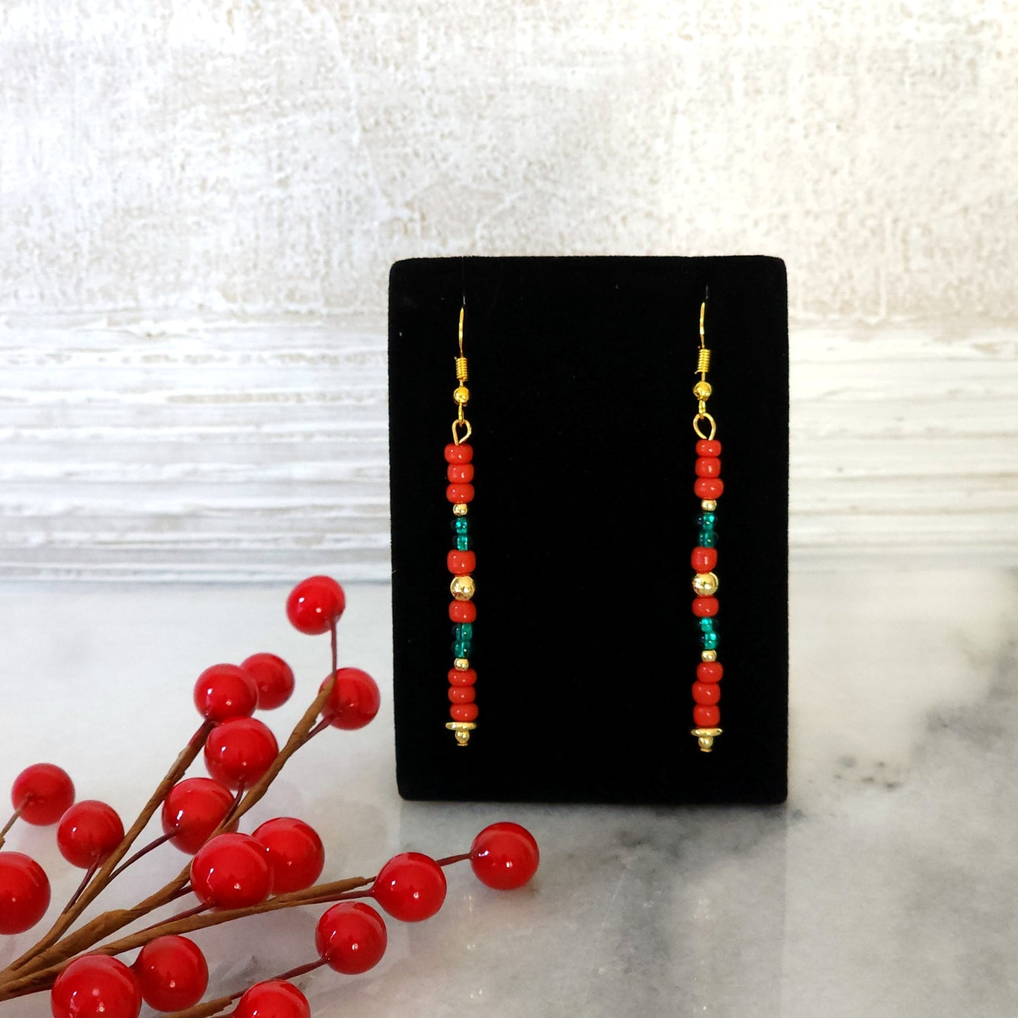 Red and Green Beaded Matchstick Drop Earrings