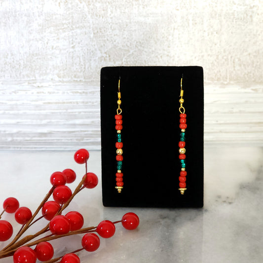 Red and Green Beaded Matchstick Drop Earrings