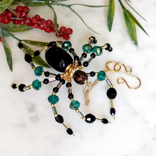 Christmas Spider Ornament - Emerald & Black Beaded