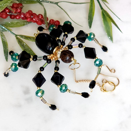 Christmas Spider Ornament - Teal & Black Beaded