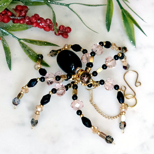 Christmas Spider Ornament - Blush Pink & Black Beaded