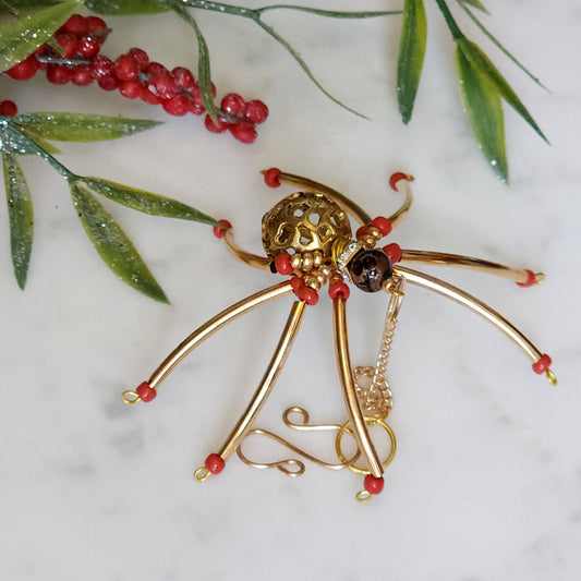 Christmas Spider Ornament - Gold & Red Beaded