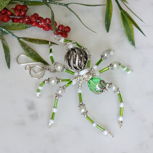Christmas Spider Ornament - Green & Pearl Beaded