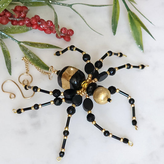 Christmas Spider Ornament - Black & Gold Beaded