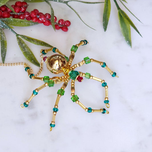 Christmas Spider Ornament - Red and Green Beaded with Gold