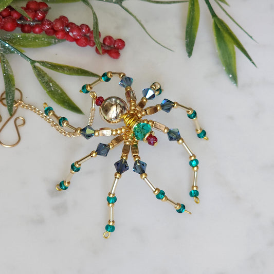 Christmas Spider Ornament - Teal & Blue Beaded with Gold