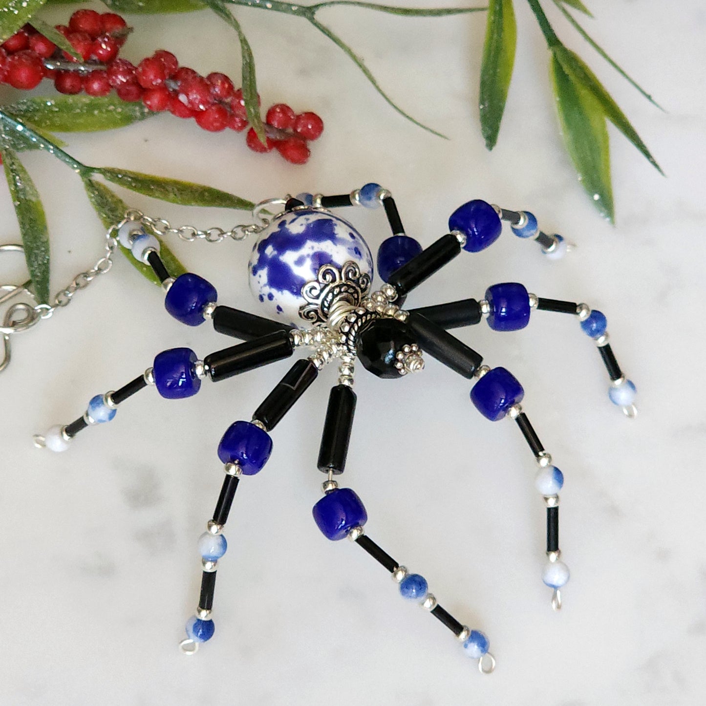 Christmas Spider Ornament - Blue & White Beaded