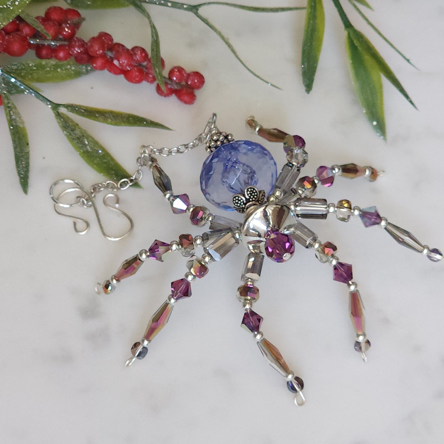 Christmas Spider Ornament - Purple & Silver Beaded