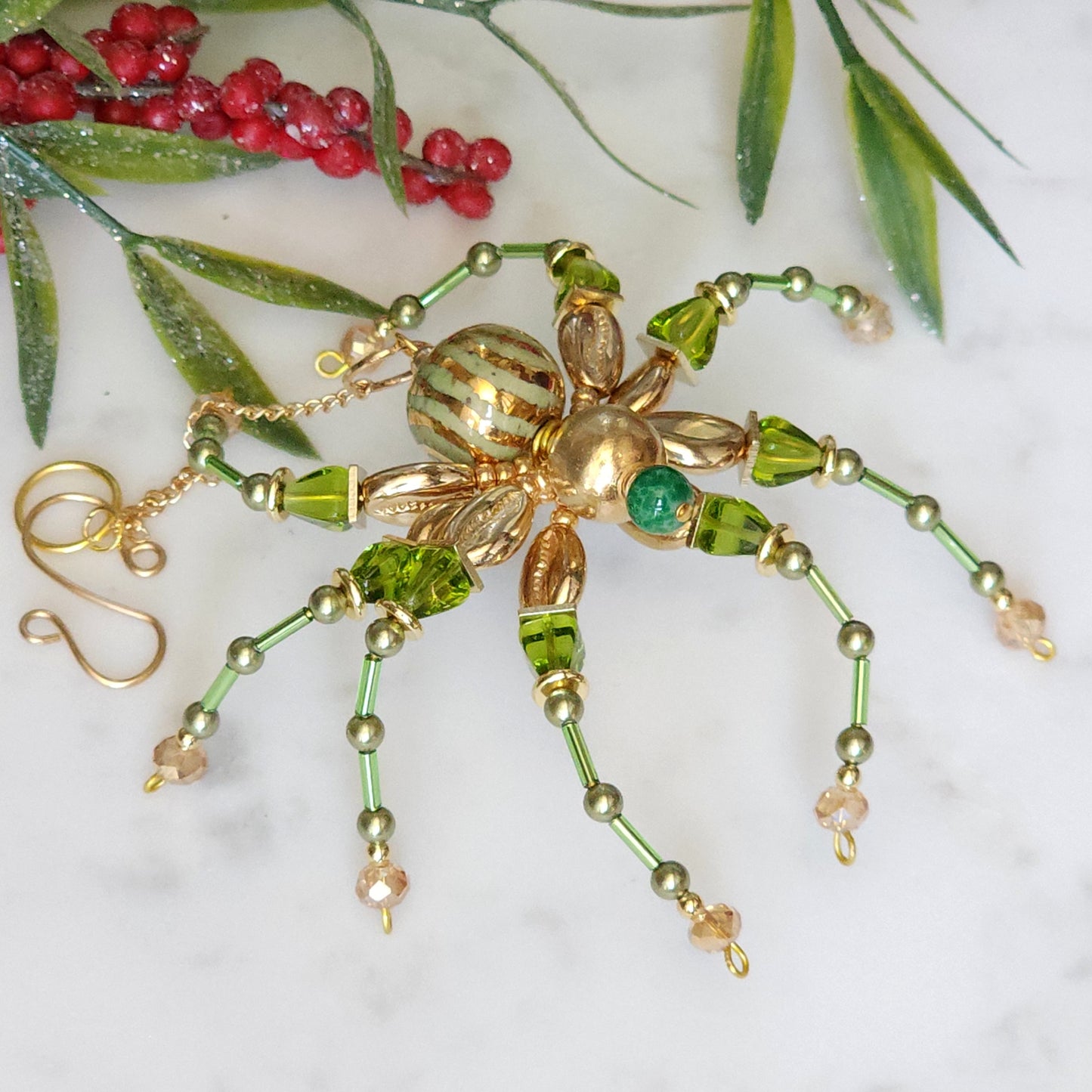 Christmas Spider Ornament - Peridot Green & Gold Beaded