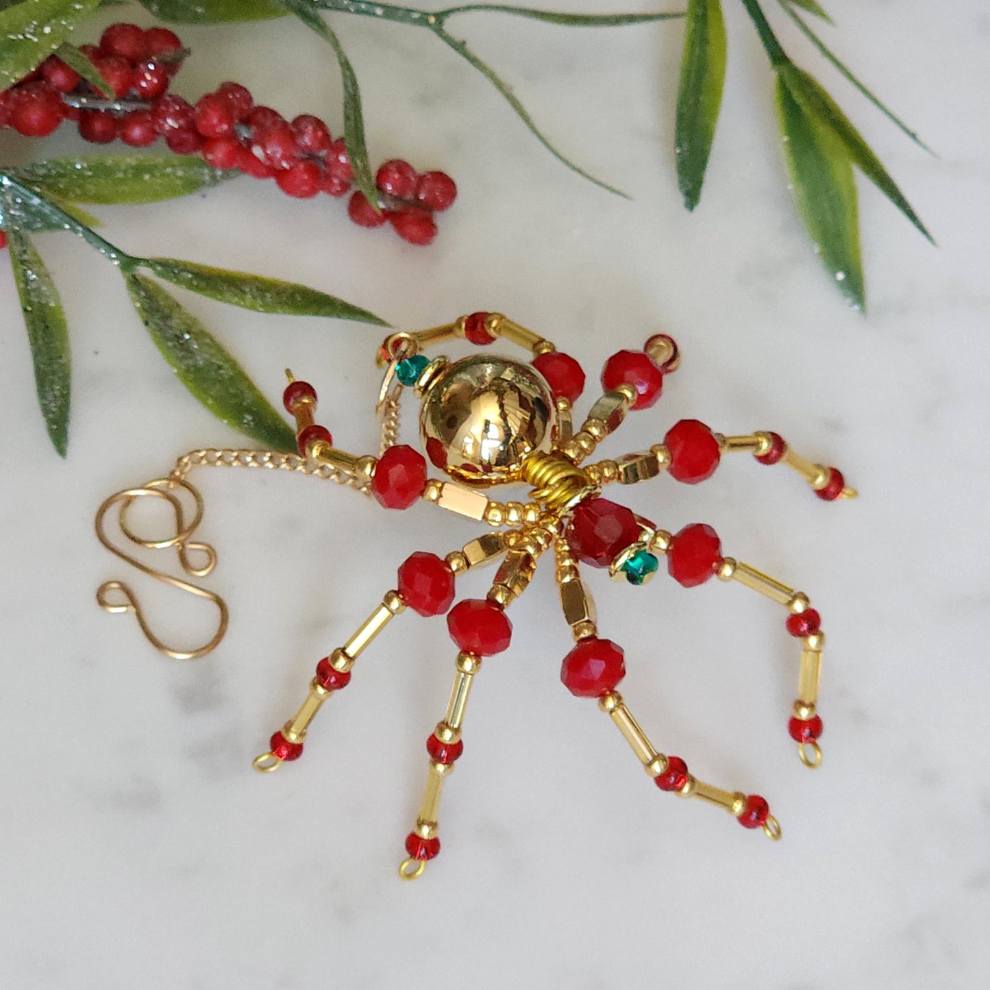 Christmas Spider Ornament - Red & Gold Beaded
