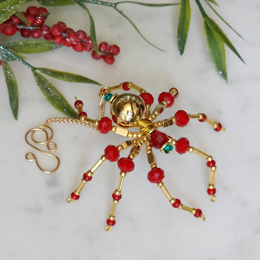 Christmas Spider Ornament - Red & Gold Beaded