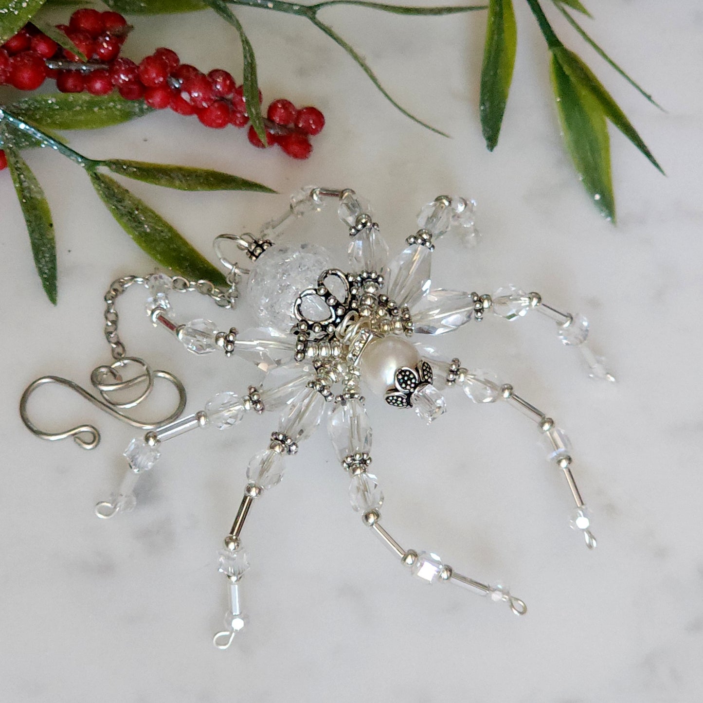 Christmas Spider Ornament - Crystal & Silver Beaded