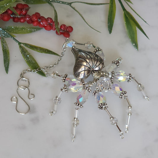 Christmas Spider Ornament with Heart Body - Crystal AB & Silver