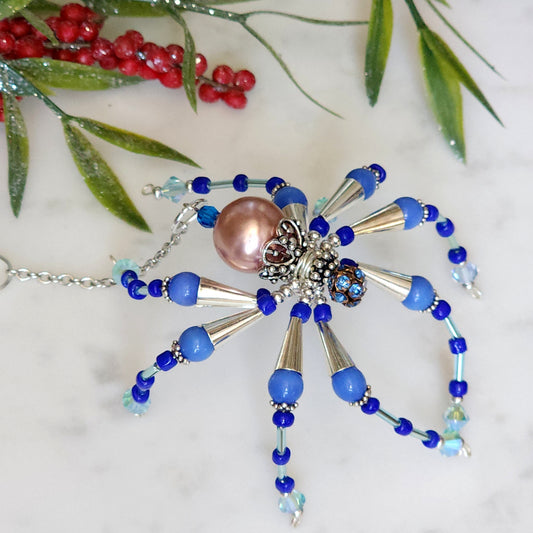Christmas Spider Ornament - Blue & Pearl Beaded