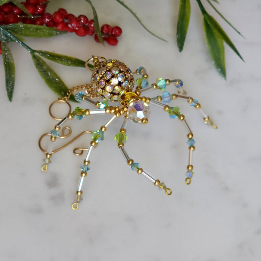 Christmas Spider Ornament - Crystal AB & Gold Beaded