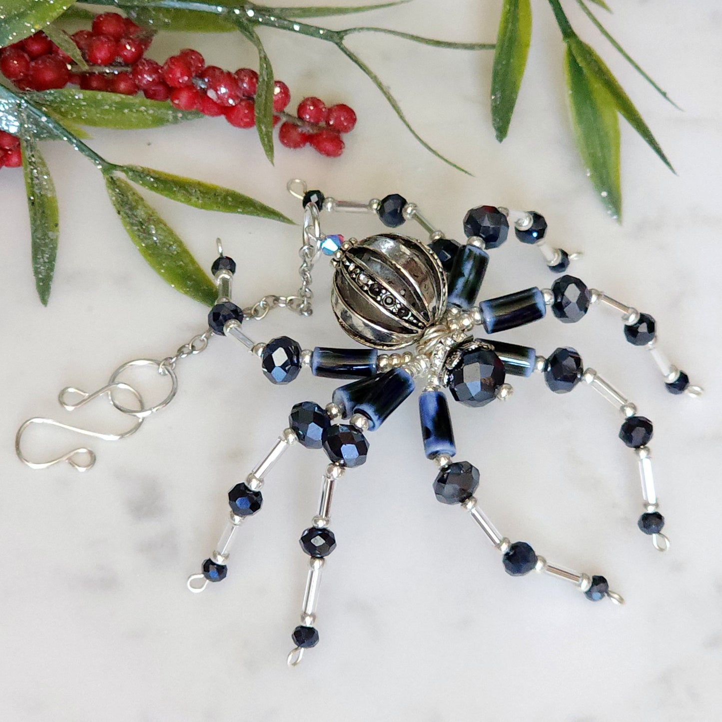 Christmas Spider Ornament - Midnight Blue & Silver Beaded
