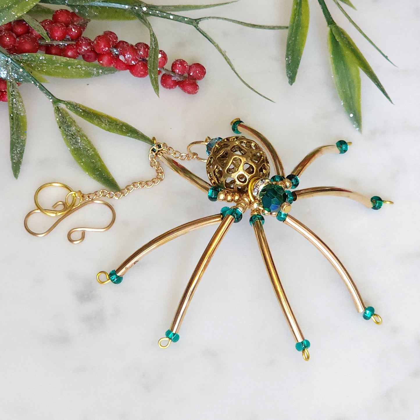 Christmas Spider Ornament - Teal & Gold Beaded