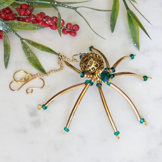 Christmas Spider Ornament - Teal & Gold Beaded