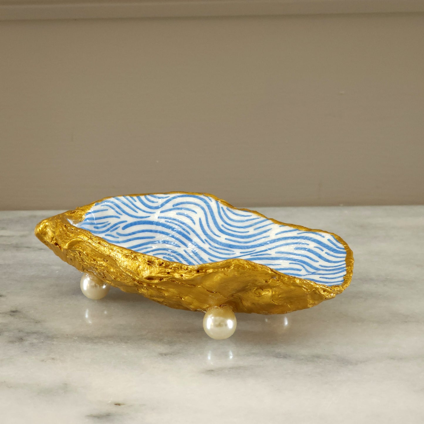 Oyster Shell Trinket Dish - Gold & Blue Wave with Pearl Feet