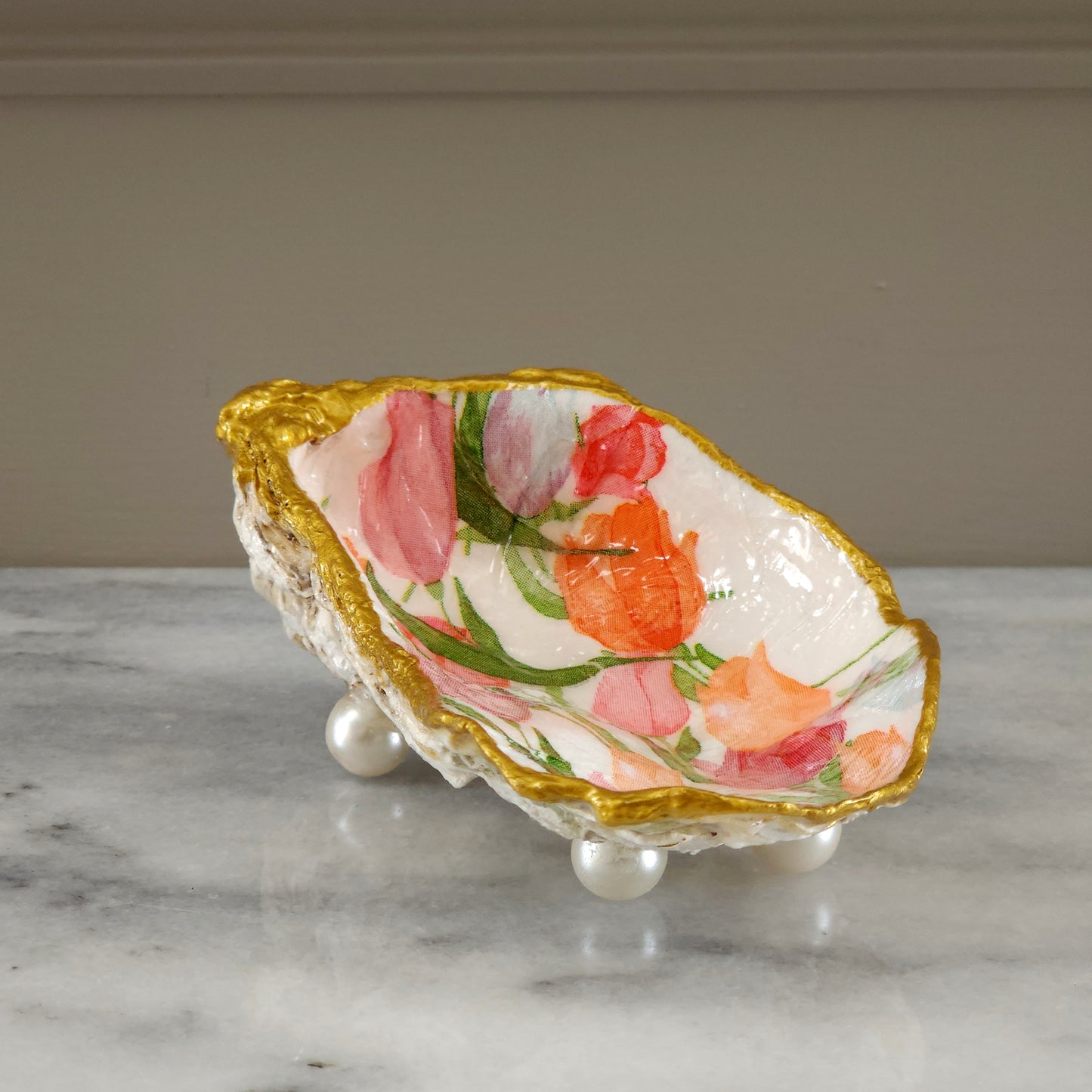Oyster Shell Trinket Dish - Tulip Floral with Gold Edge & Pearl Feet