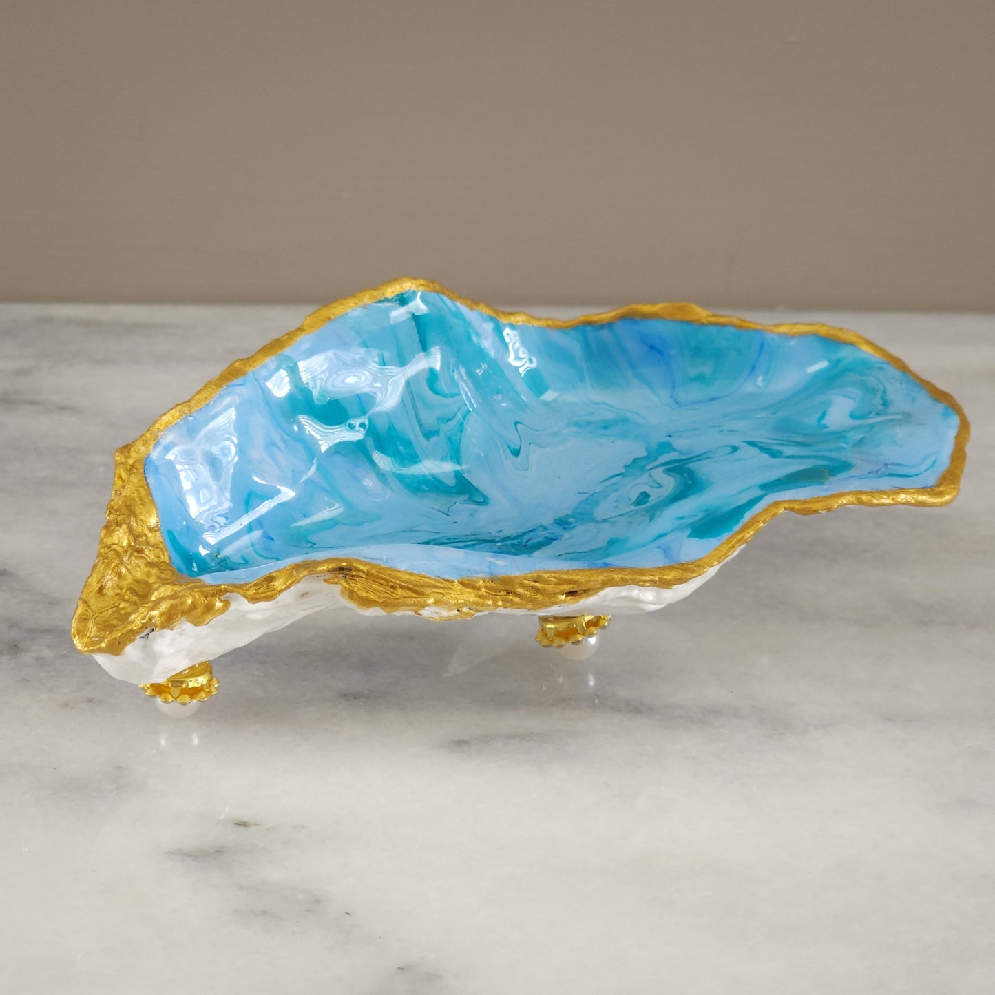 Oyster Shell Trinket Dish - Turquoise Ocean Swirl with Gold Edge & Feet