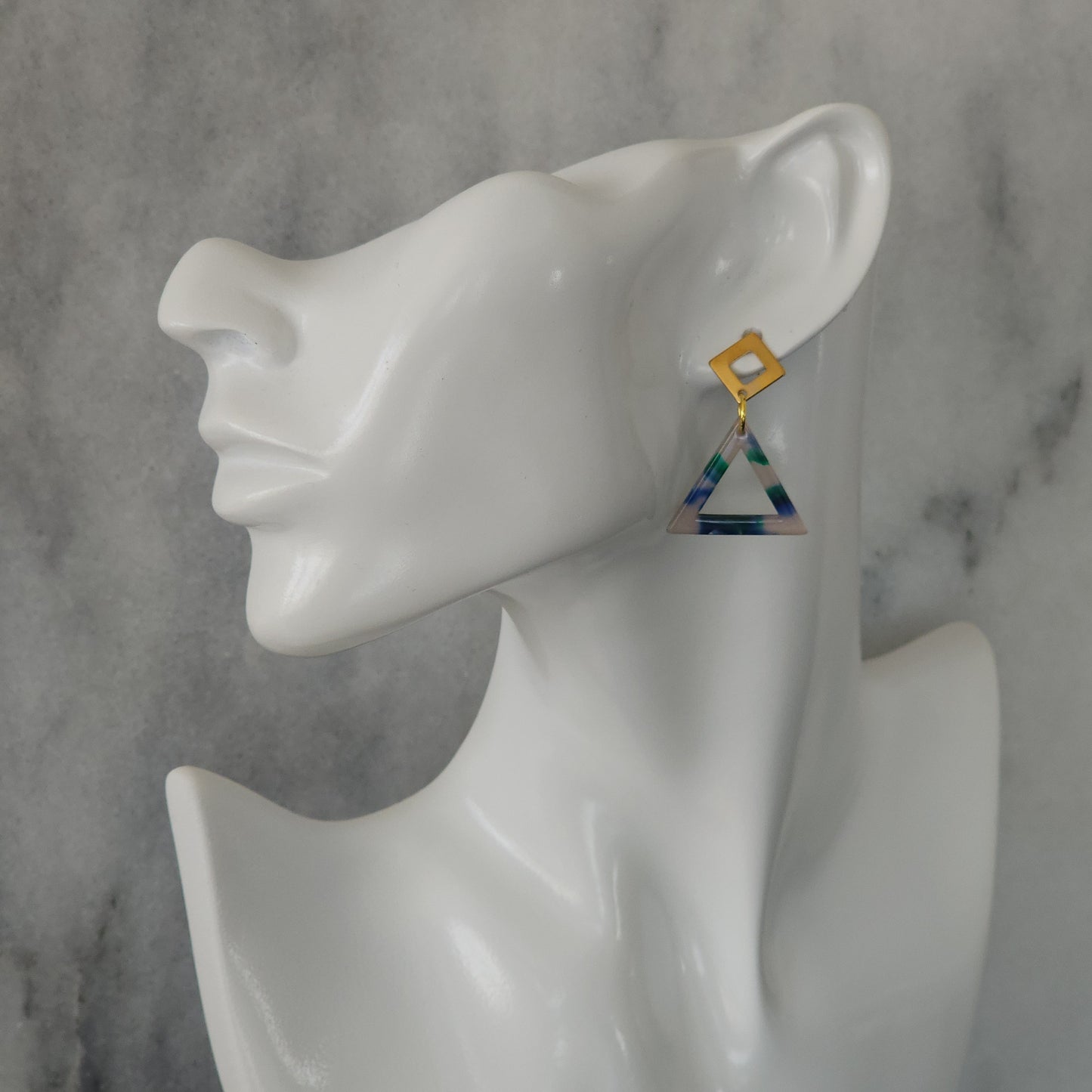 Blue Marble Resin Open Triangle Drop Earrings with Gold Diamond Studs
