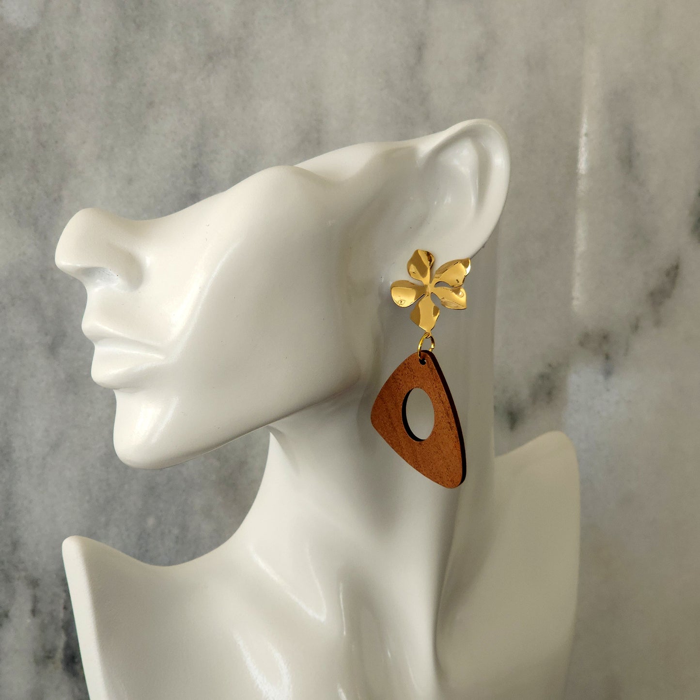 Natural Wood Open Triangle Drop Earrings with Gold Flower Studs