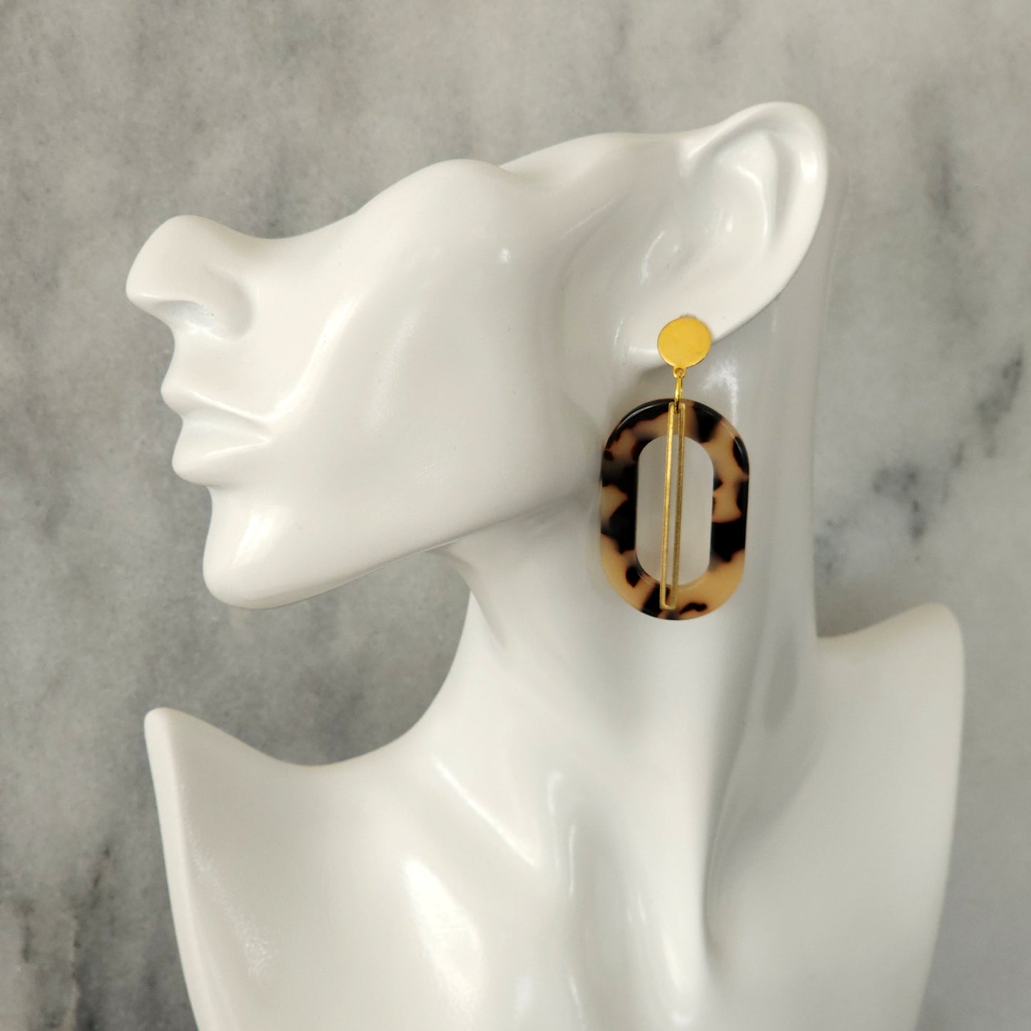 Blonde Tortoiseshell Resin Open Oval Drop Earrings with Gold Bar & Circle Studs