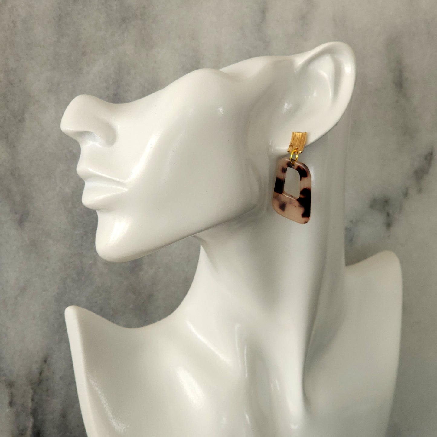 Cream Tortoiseshell Resin Open Square Drop Earrings with Textured Gold Studs
