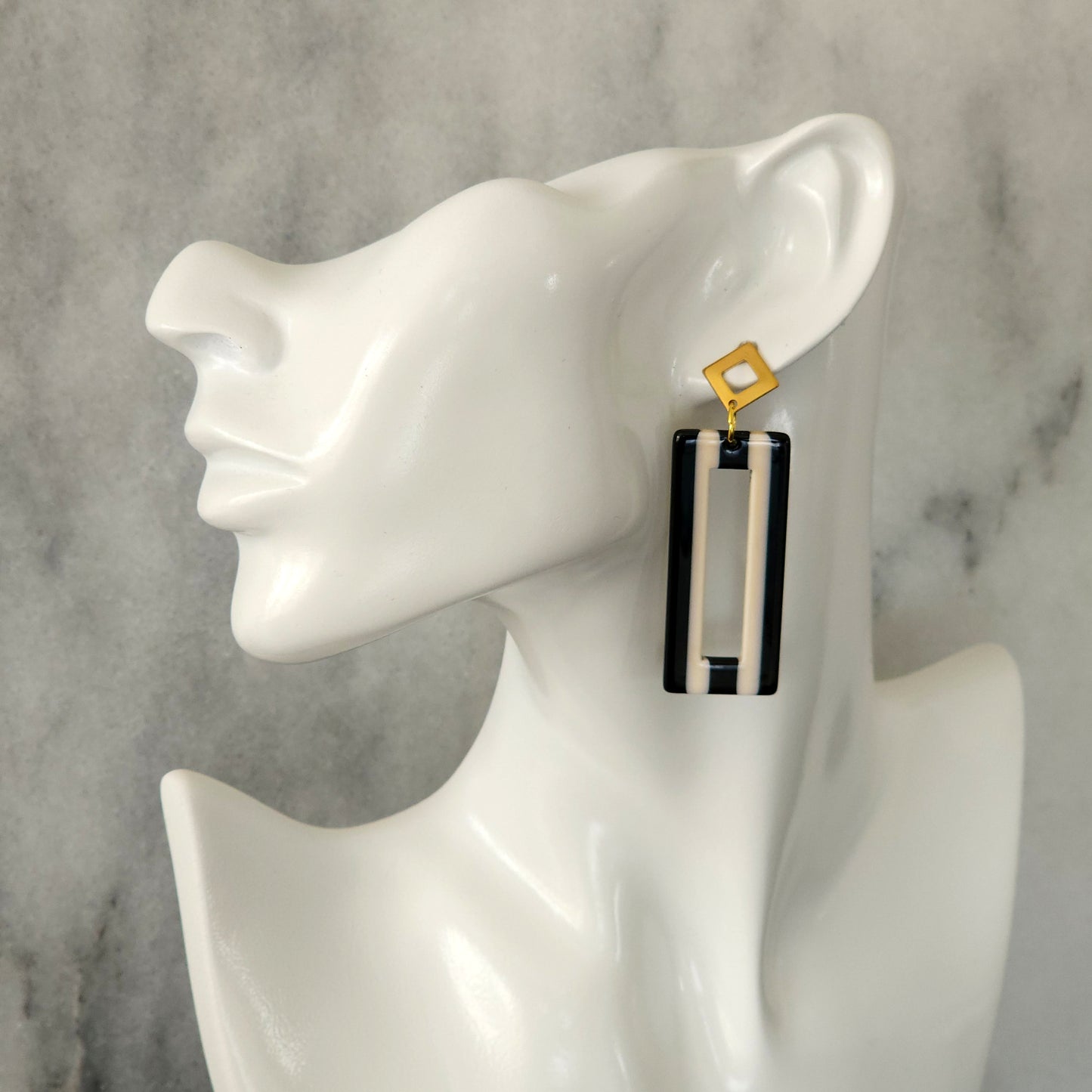 Black & White Stripe Resin Open Rectangle Drop Earrings with Gold Diamond Studs