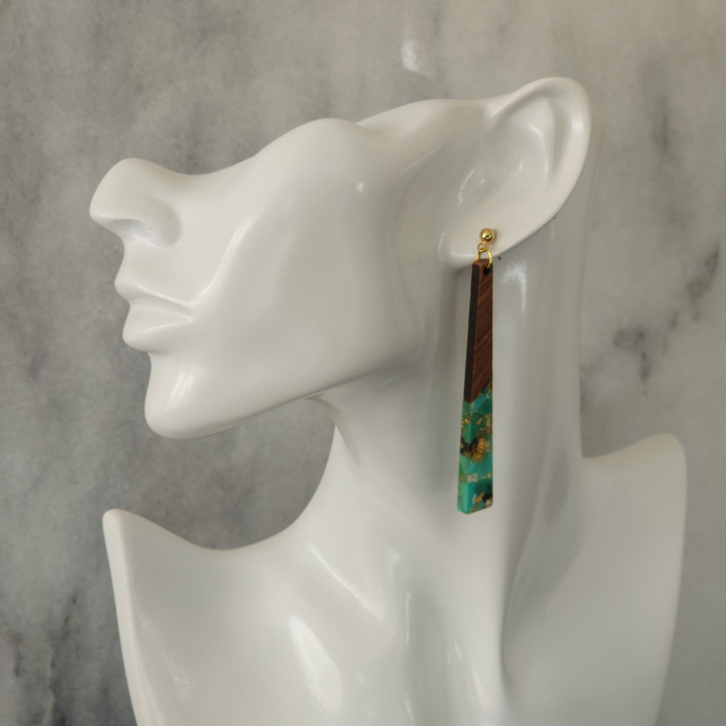 Turquoise & Gold Flake Wood Resin Long Tapered Drop Earrings with Gold Ball Studs